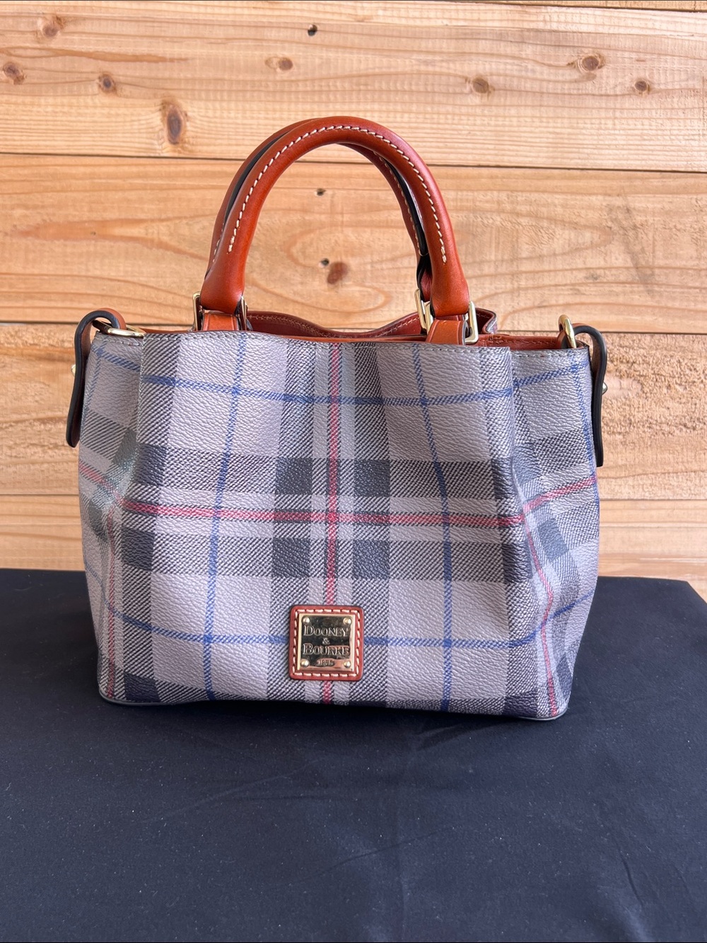Dooney & Bourke Gray Plaid Satchel with Brown Leather Handles
